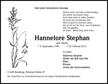 Anzeige von Hannelore Stephan von Kölner Stadt-Anzeiger / Kölnische Rundschau / Express