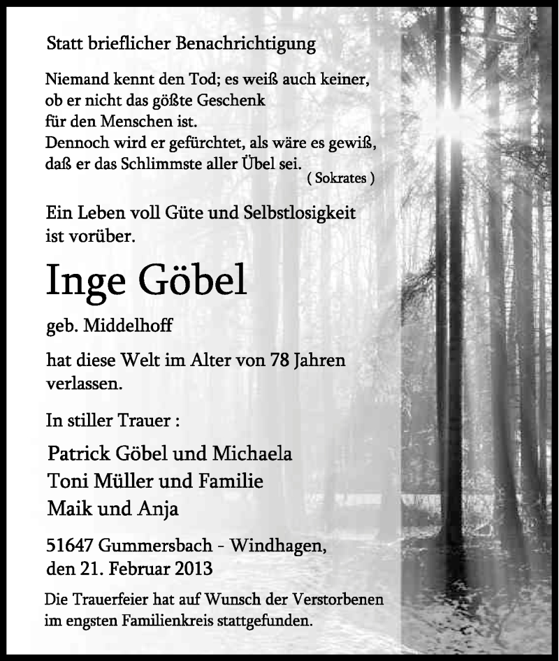  Traueranzeige für Inge Göbel vom 02.03.2013 aus Kölner Stadt-Anzeiger / Kölnische Rundschau / Express