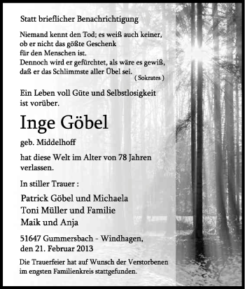 Anzeige von Inge Göbel von Kölner Stadt-Anzeiger / Kölnische Rundschau / Express