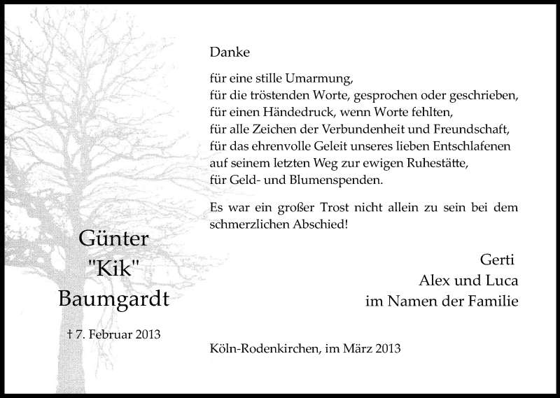  Traueranzeige für Günter Baumgardt vom 09.03.2013 aus Kölner Stadt-Anzeiger / Kölnische Rundschau / Express