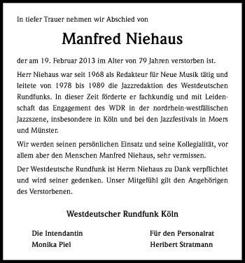Anzeige von Manfred Niehaus von Kölner Stadt-Anzeiger / Kölnische Rundschau / Express