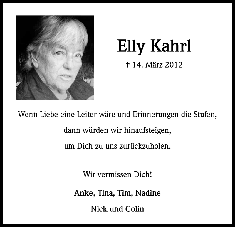  Traueranzeige für Elly Kahrl vom 14.03.2013 aus Kölner Stadt-Anzeiger / Kölnische Rundschau / Express