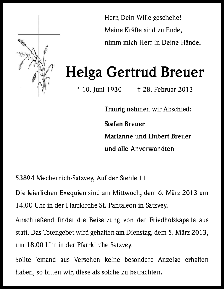  Traueranzeige für Helga Gertrud Breuer vom 04.03.2013 aus Kölner Stadt-Anzeiger / Kölnische Rundschau / Express