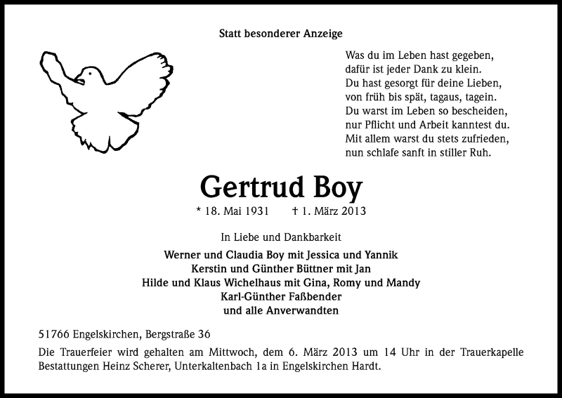  Traueranzeige für Gertrud Boy vom 04.03.2013 aus Kölner Stadt-Anzeiger / Kölnische Rundschau / Express