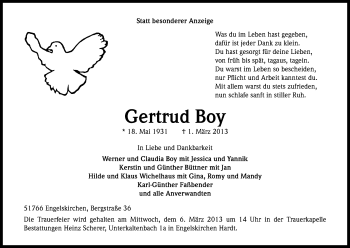 Anzeige von Gertrud Boy von Kölner Stadt-Anzeiger / Kölnische Rundschau / Express