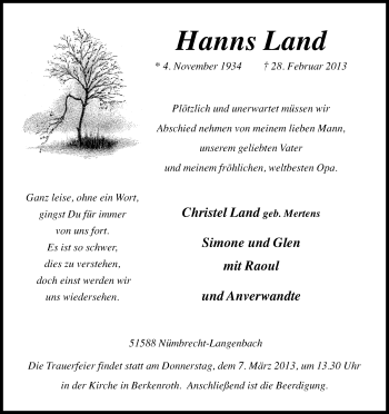 Anzeige von Hanns Land von Kölner Stadt-Anzeiger / Kölnische Rundschau / Express