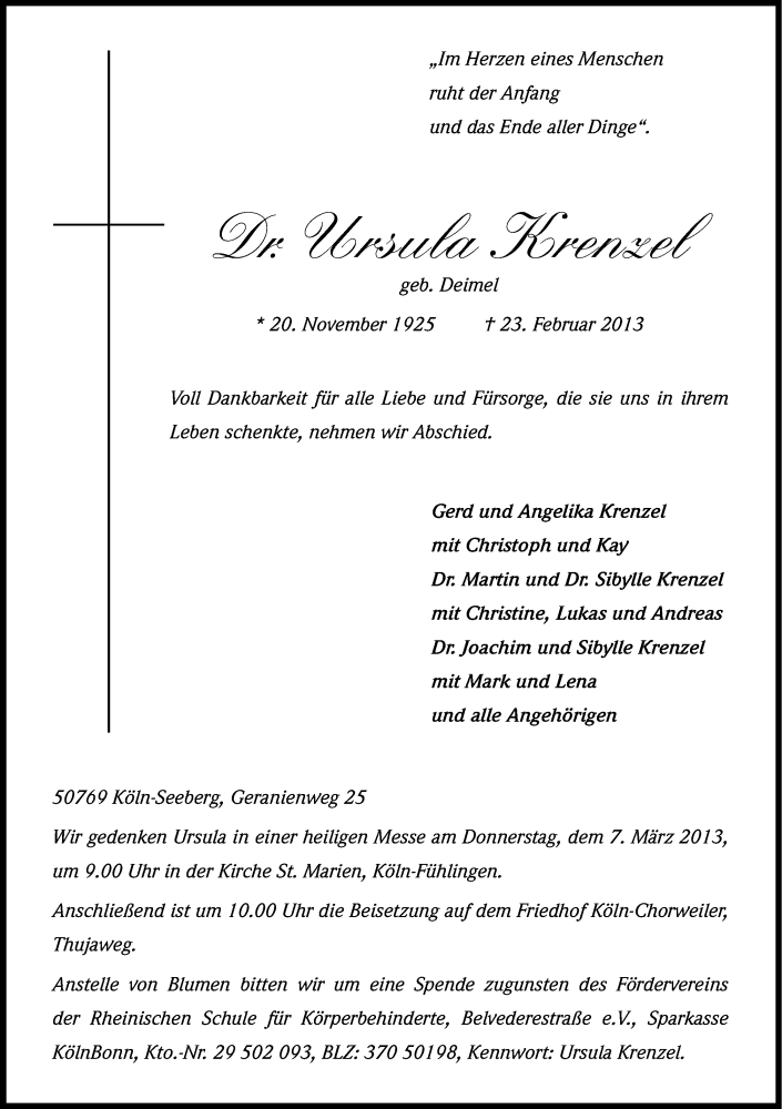  Traueranzeige für Ursula Krenzel vom 04.03.2013 aus Kölner Stadt-Anzeiger / Kölnische Rundschau / Express