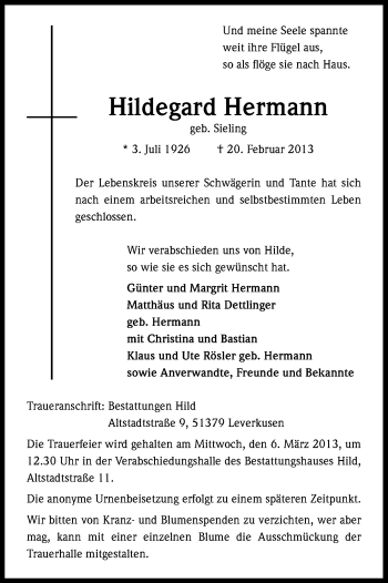 Anzeige von Hildegard Hermann von Kölner Stadt-Anzeiger / Kölnische Rundschau / Express