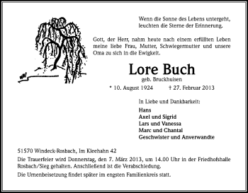 Anzeige von Lore Buch von Kölner Stadt-Anzeiger / Kölnische Rundschau / Express