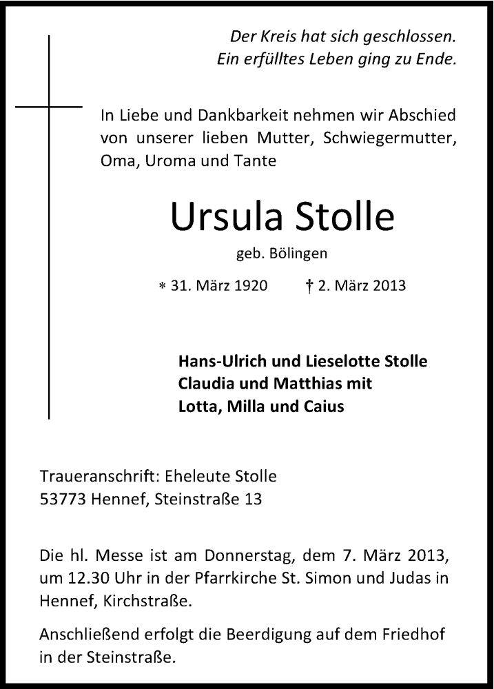  Traueranzeige für Ursula Stolle vom 05.03.2013 aus Kölner Stadt-Anzeiger / Kölnische Rundschau / Express