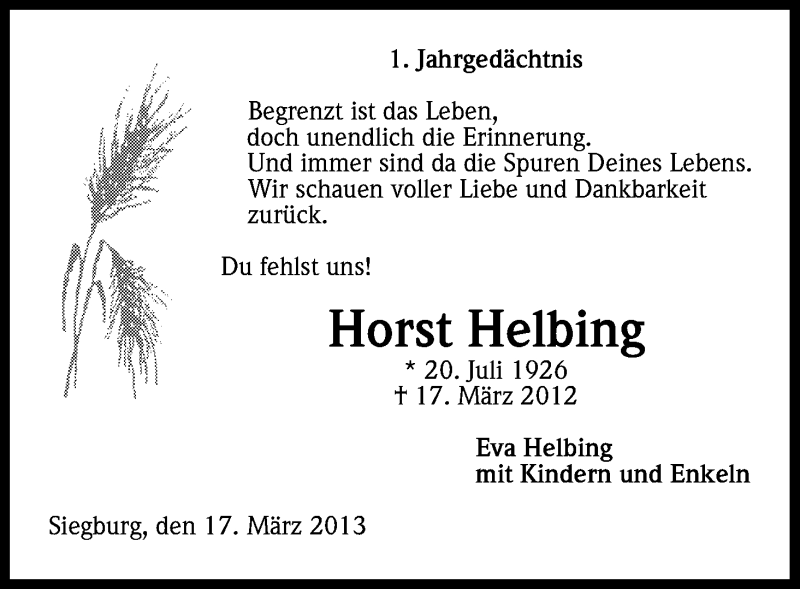  Traueranzeige für Horst Helbing vom 16.03.2013 aus Kölner Stadt-Anzeiger / Kölnische Rundschau / Express
