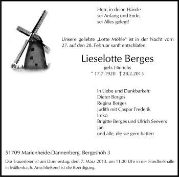Anzeige von Lieselotte Berges von Kölner Stadt-Anzeiger / Kölnische Rundschau / Express