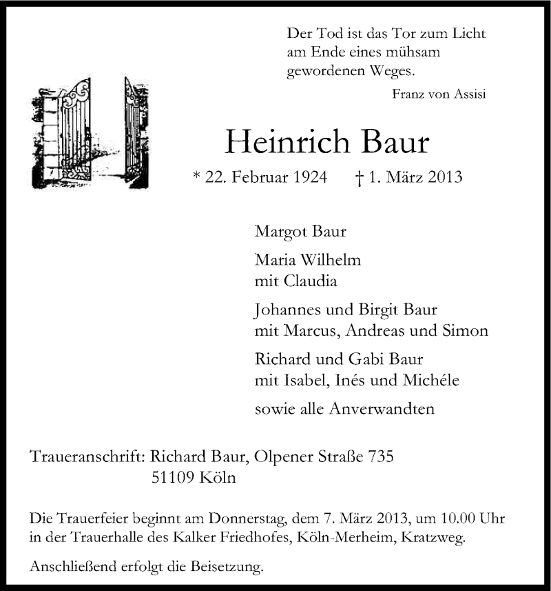  Traueranzeige für Heinrich Baur vom 05.03.2013 aus Kölner Stadt-Anzeiger / Kölnische Rundschau / Express