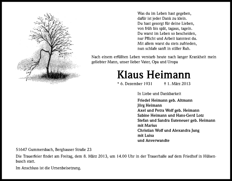  Traueranzeige für Klaus Heimann vom 05.03.2013 aus Kölner Stadt-Anzeiger / Kölnische Rundschau / Express