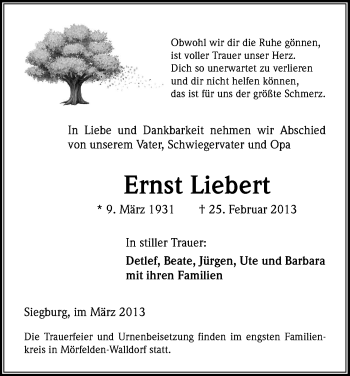 Anzeige von Ernst Liebert von Kölner Stadt-Anzeiger / Kölnische Rundschau / Express