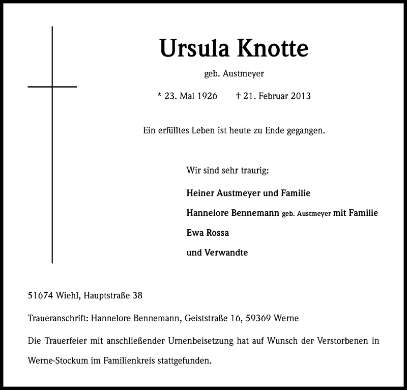  Traueranzeige für Ursula Knotte vom 05.03.2013 aus Kölner Stadt-Anzeiger / Kölnische Rundschau / Express