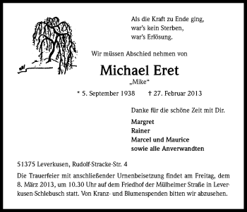 Anzeige von Michael Eret von Kölner Stadt-Anzeiger / Kölnische Rundschau / Express
