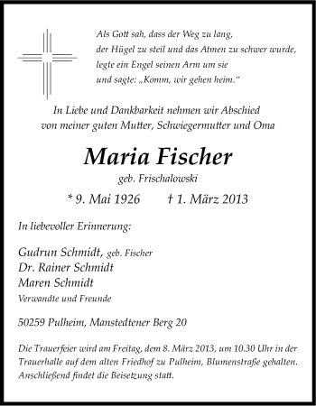 Anzeige von Maria Fischer von Kölner Stadt-Anzeiger / Kölnische Rundschau / Express
