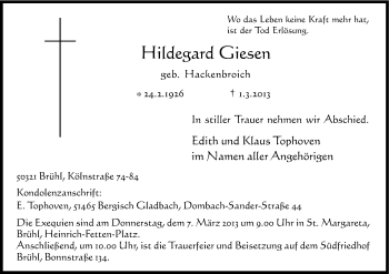 Anzeige von Hildegard Giesen von Kölner Stadt-Anzeiger / Kölnische Rundschau / Express