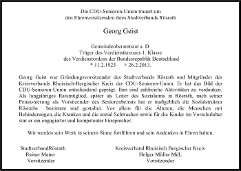 Anzeige von Georg Geist von Kölner Stadt-Anzeiger / Kölnische Rundschau / Express