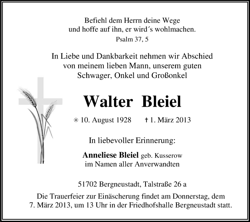  Traueranzeige für Walter Bleiel vom 05.03.2013 aus Kölner Stadt-Anzeiger / Kölnische Rundschau / Express