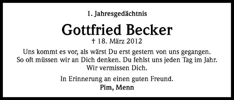  Traueranzeige für Gottfried Becker vom 18.03.2013 aus Kölner Stadt-Anzeiger / Kölnische Rundschau / Express