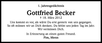 Anzeige von Gottfried Becker von Kölner Stadt-Anzeiger / Kölnische Rundschau / Express