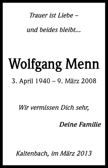 Anzeige von Wolfgang Menn von Kölner Stadt-Anzeiger / Kölnische Rundschau / Express