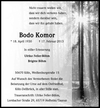 Anzeige von Bodo Komor von Kölner Stadt-Anzeiger / Kölnische Rundschau / Express