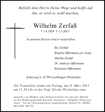 Anzeige von Wilhelm Zerfaß von Kölner Stadt-Anzeiger / Kölnische Rundschau / Express
