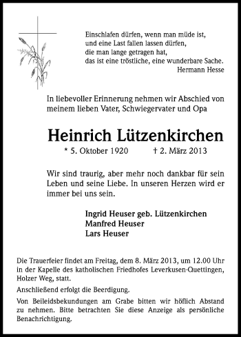 Anzeige von Heinrich Lützenkirchen von Kölner Stadt-Anzeiger / Kölnische Rundschau / Express