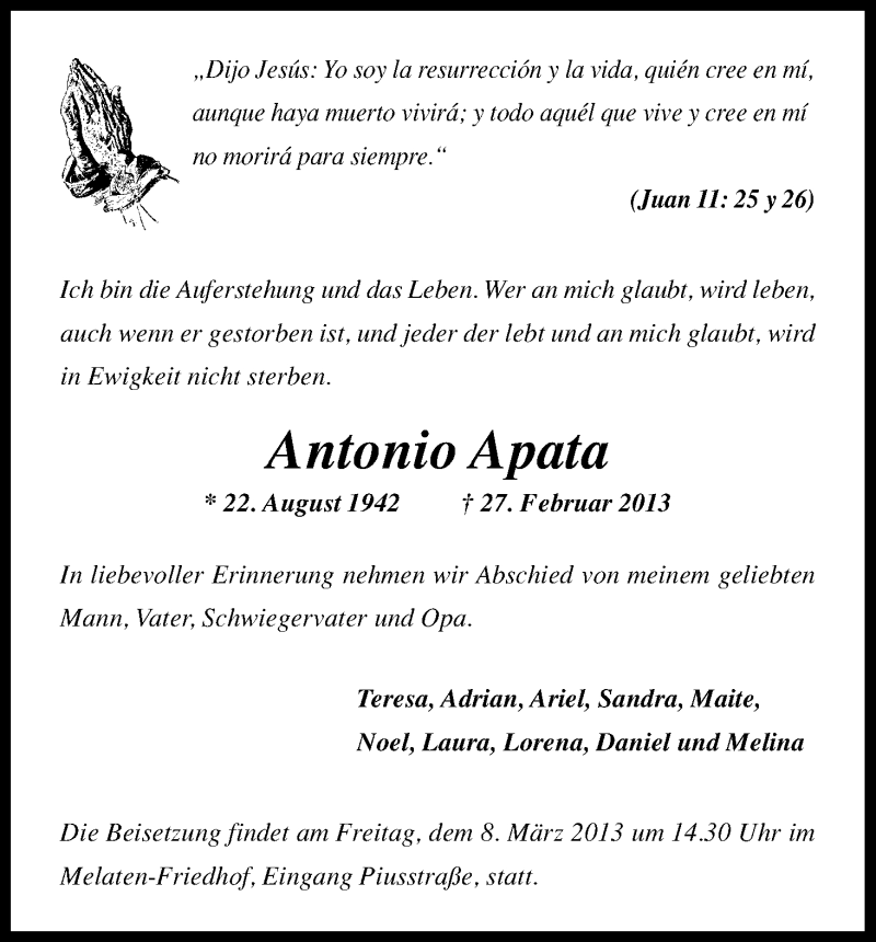 Traueranzeige für Antonio Apata vom 05.03.2013 aus Kölner Stadt-Anzeiger / Kölnische Rundschau / Express