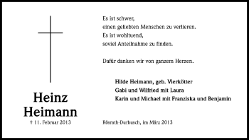Anzeige von Heinz Heimann von Kölner Stadt-Anzeiger / Kölnische Rundschau / Express