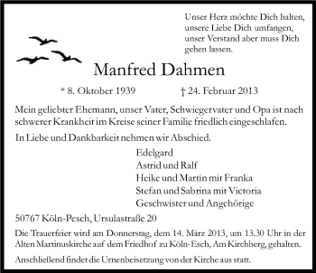 Anzeige von Manfred Dahmen von Kölner Stadt-Anzeiger / Kölnische Rundschau / Express