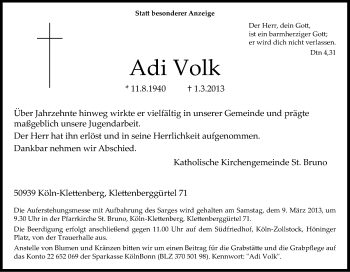 Anzeige von Adi Volk von Kölner Stadt-Anzeiger / Kölnische Rundschau / Express