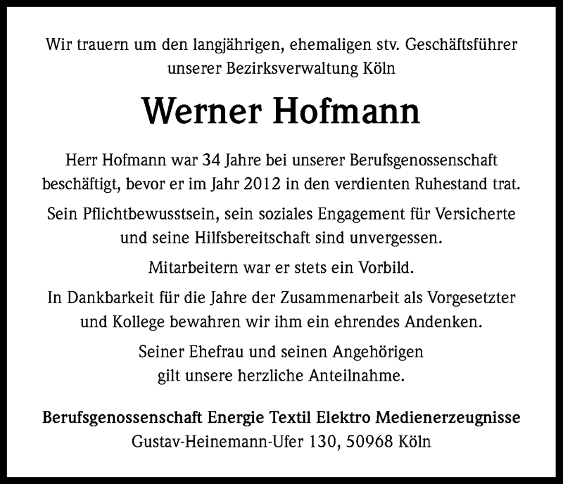  Traueranzeige für Werner Hofmann vom 05.03.2013 aus Kölner Stadt-Anzeiger / Kölnische Rundschau / Express