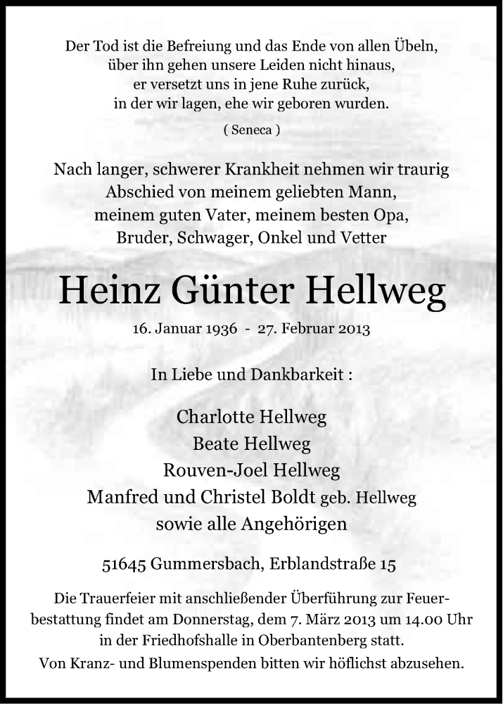  Traueranzeige für Heinz Günter Hellweg vom 05.03.2013 aus Kölner Stadt-Anzeiger / Kölnische Rundschau / Express