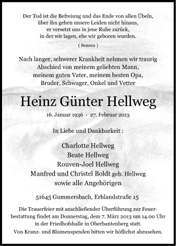 Anzeige von Heinz Günter Hellweg von Kölner Stadt-Anzeiger / Kölnische Rundschau / Express