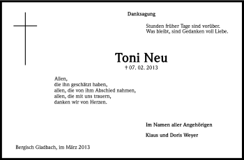 Anzeige von Toni Neu von Kölner Stadt-Anzeiger / Kölnische Rundschau / Express