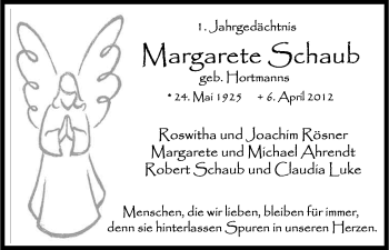 Anzeige von Margarete Schaub von Kölner Stadt-Anzeiger / Kölnische Rundschau / Express