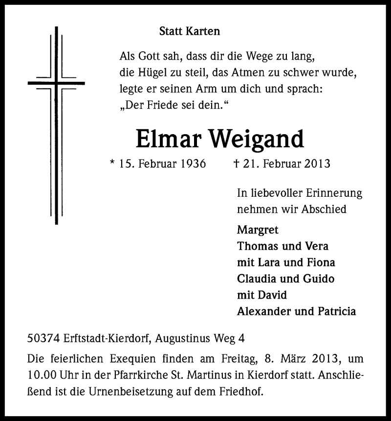  Traueranzeige für Elmar Weigand vom 06.03.2013 aus Kölner Stadt-Anzeiger / Kölnische Rundschau / Express