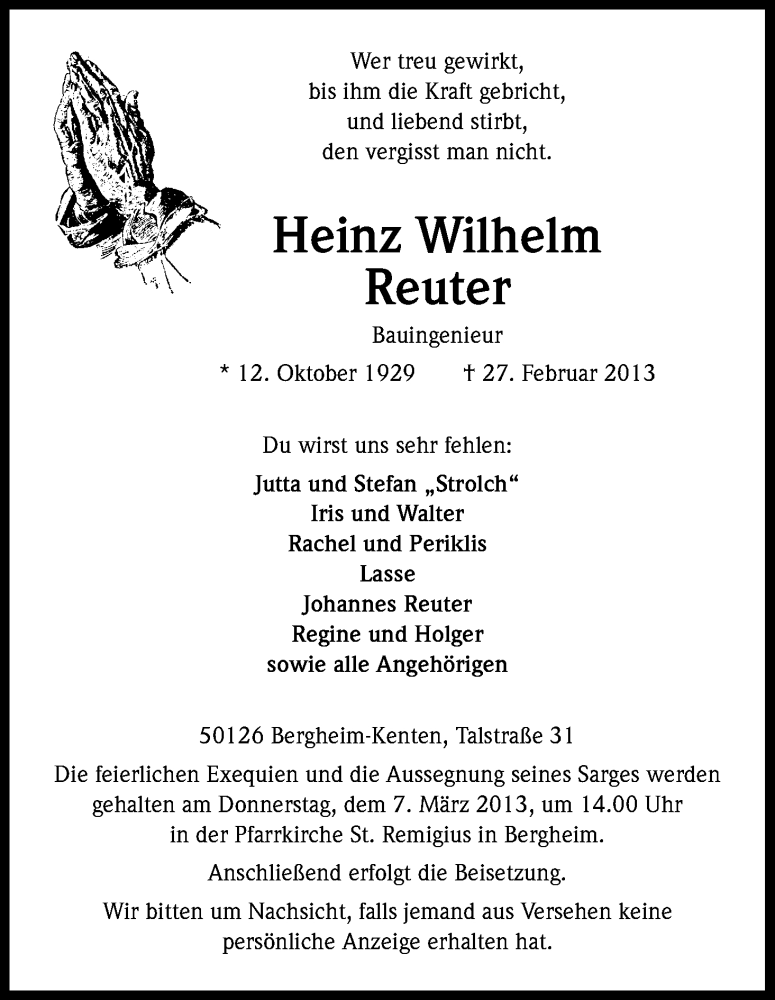  Traueranzeige für Heinz Wilhelm Reuter vom 05.03.2013 aus Kölner Stadt-Anzeiger / Kölnische Rundschau / Express