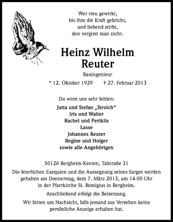 Anzeige von Heinz Wilhelm Reuter von Kölner Stadt-Anzeiger / Kölnische Rundschau / Express