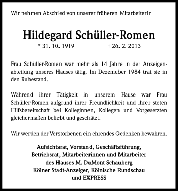 Anzeige von Hildegard Schüller-Romen von Kölner Stadt-Anzeiger / Kölnische Rundschau / Express