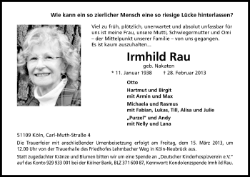 Anzeige von Irmhild Rau von Kölner Stadt-Anzeiger / Kölnische Rundschau / Express