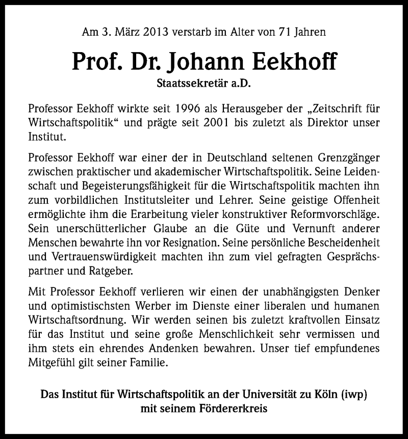  Traueranzeige für Johann Eekhoff vom 07.03.2013 aus Kölner Stadt-Anzeiger / Kölnische Rundschau / Express