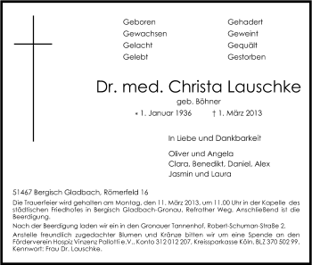 Anzeige von Christa Lauschke von Kölner Stadt-Anzeiger / Kölnische Rundschau / Express