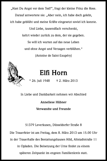 Anzeige von Elfi Horn von Kölner Stadt-Anzeiger / Kölnische Rundschau / Express