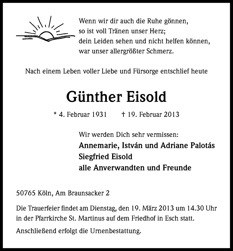  Traueranzeige für Eisold Günther vom 09.03.2013 aus Kölner Stadt-Anzeiger / Kölnische Rundschau / Express