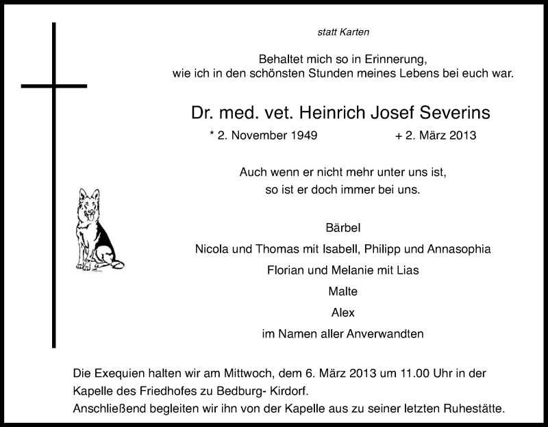  Traueranzeige für Heinrich Josef Severins vom 05.03.2013 aus Kölner Stadt-Anzeiger / Kölnische Rundschau / Express
